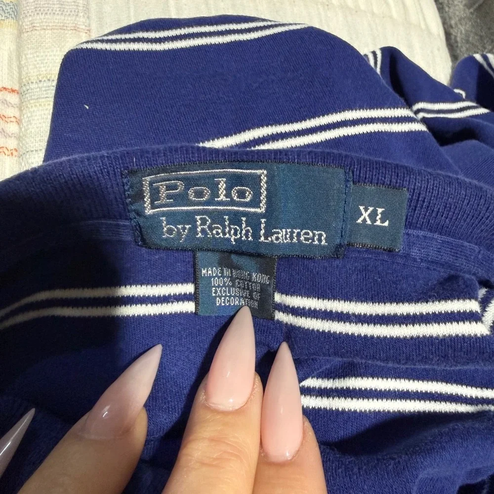 Polo Ralph Lauren Polo Shirt Mens XL Blue White Striped Short Sleeve Logo Vtg